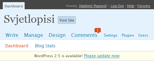 WordPress 2.5 dashboard